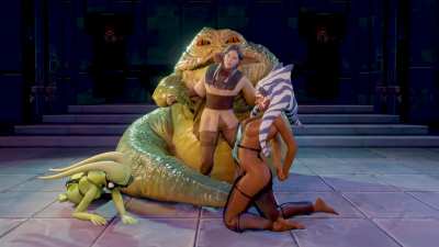 Oola, Ahsoka and Leia, dressed in the Boushh outfit, enslaved by Jabba (PN34)