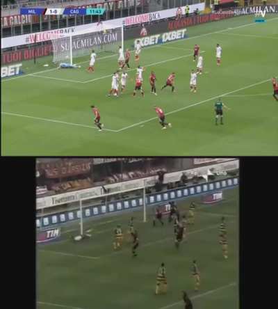 Side by side of Tonali and Pirlo's first goal for Milan