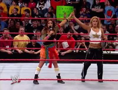 After Mickie James dressed up as Trish Stratus, Trish responds by dressing up as Mickie and imitating her to taunt her (RAW 2006)