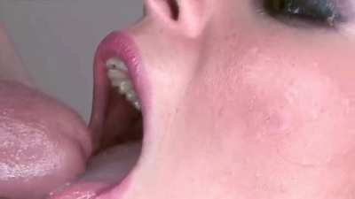 Riley Reid swallows giant load like a hungry little slut.