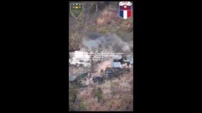 KNDO (Karen National Defense Organization), People's Defense Force, and Federal Wings Drone Bomb a Myanmar/Burmese Junta Base with Captured 120mm Shells (Music From Source)