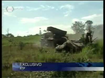 Angolan Forces operating various artillery pieces against UNITA positions during the civil war in 1999. Newsreel filmed by Rádio e Televisão de Portugal (RTP).