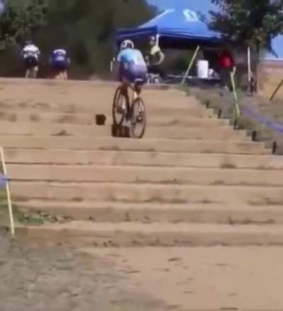 Cycling his way thru the stairs like a boss.