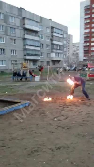 Man accidentally lights his head on fire during a performance for a group of children.