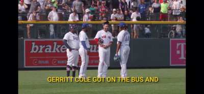 JD Martinez making fun of Gerrit Cole to Vlad & Teoscar