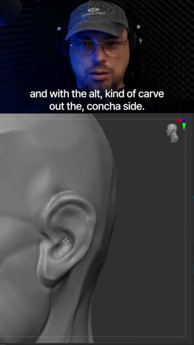 Starting with the contour, we define the helix and then carve into the concha. But that's just a small part of it – watch our full ear sculpting video on YouTube