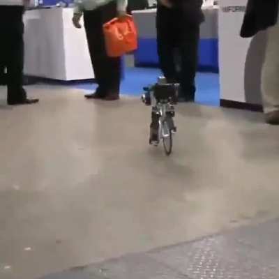 A Robot riding bicycle using his feet as brakes