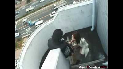 Japanese Girl With A Cute Laugh Sucking Dick And Getting Fucked On Apartment Stairs