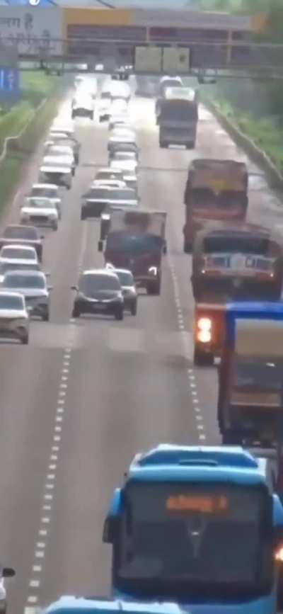 Trucks drive in fast lane, cabs with speed limit 80 drive in fast late. Indians don't understand the concept of lanes, have no concept of waiting always in some sort of imaginary hurry that their time is more valuable than other person leads to everything