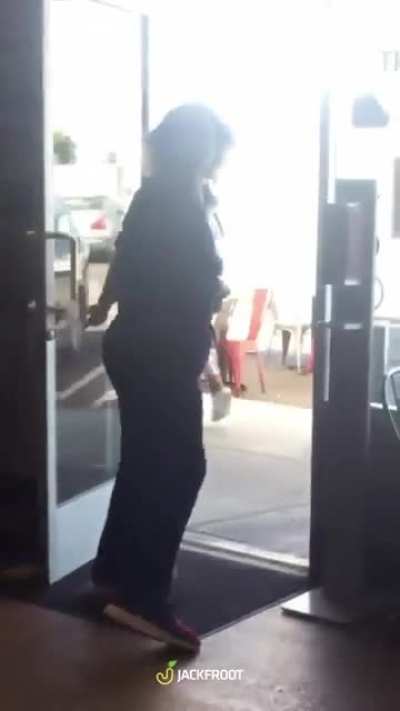 Karen who was politely asked to wear a mask refused to and spit towards the employee. Luckily there was a plexiglass shield to prevent the workers from getting spit on.