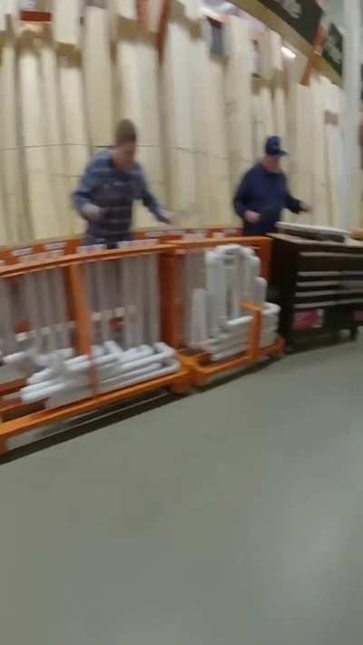 Performing the Home Depot theme inside Home Depot using DIY items.