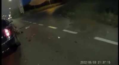 Full version of the video of the guy who crashed into a concrete barrier then flew into a car.