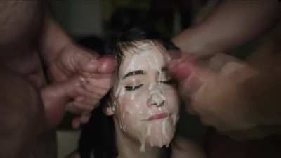 17 loads on my gangbang slut face! Are you cleaning me up or adding to it?