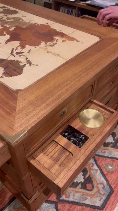 Campaign furniture inspired board game table with marquetry map.