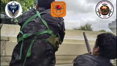 Burmese rebels in Shwebo District, Sagaing Region, Myanmar, attack pro-junta militias with a Greener Police Gun among automatics in July 2025 (music from source)