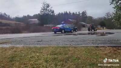 Someone stole a tractor in my hometown and got into a police chase on Wednesday