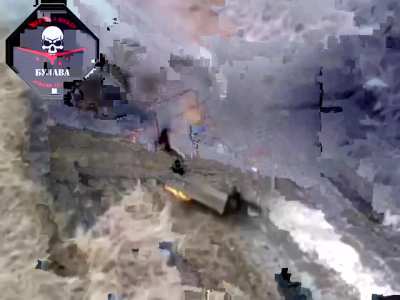 Donetsk Oblast, a Ukrainian FPV munition flies into a modified Russian MT-LB.