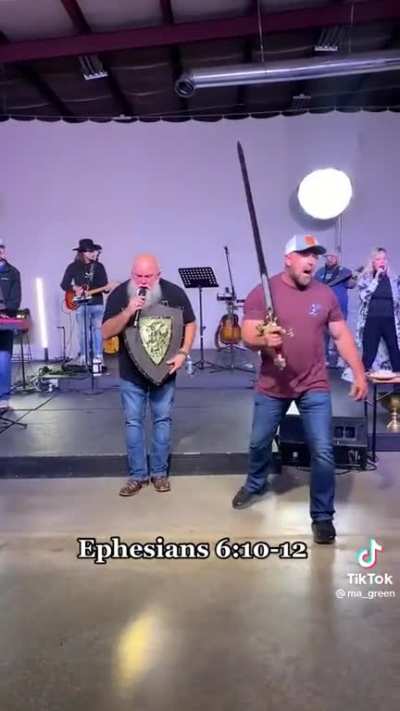 Speaking in tongues and swinging a sword around for, Jesus? I guess?
