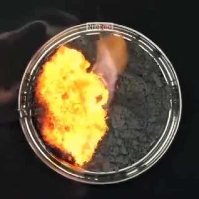 The highly exothermic reaction of sulfur and iron.