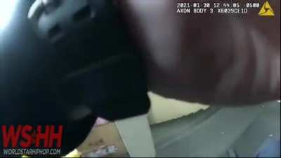 Police get in shootout with grocery store security guard while attempting to arrest him for outstanding warrant.