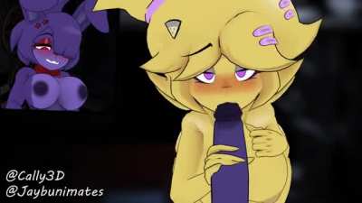 FNiA Chica giving Bonnie a blowjob