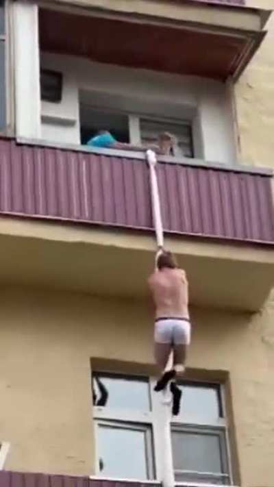 Lover escaping from the balcony