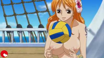Nami and Robin playing volleyball naked
