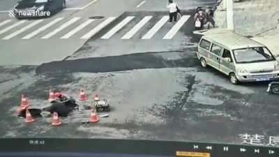 City workers in China accidentally ignite sewer vapors.