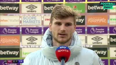 efranklin13: Timo Werner post-match interview | Werner reacts to scoring the winning goal for Chelsea in their 1-0 win over West Ham and says he could have had another: “When I score twice today that might be too much, joking.