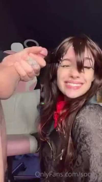Cum slut takes a monster load on her face