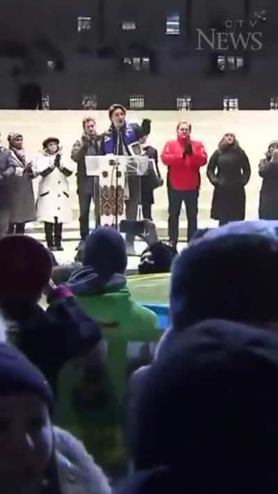 Prime Minister Justin Trudeau calls out heckler during speech at rally for Ukraine in Toronto.