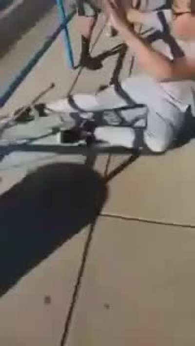Riding sleigh on stair down