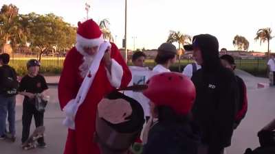Tony Hawk giving out skateboards and clothing to local kids and then donating tonnes of toys to the Salvation Army, all while dressed as 