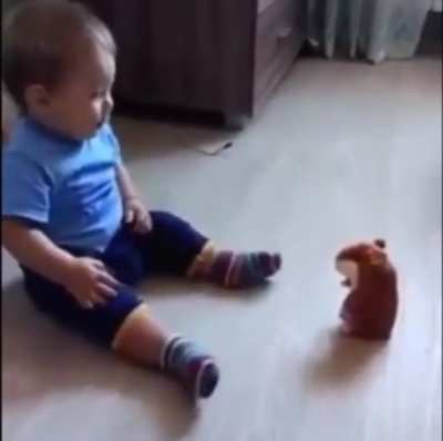 Baby scared of Talking Hamster toy