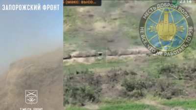 RU pov: Russian drone footage along with Ukrainian POV footage of them entering a mined trench near Pyatikhatki, Zaporyzhe region. Footage was obtained from the phone of the KIA Ukrainian soldier.