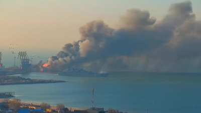 One russian ship is sinking, two damaged ships reatreating. Berdyansk
