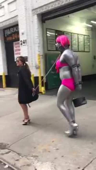 a woman walking her pet(?)
