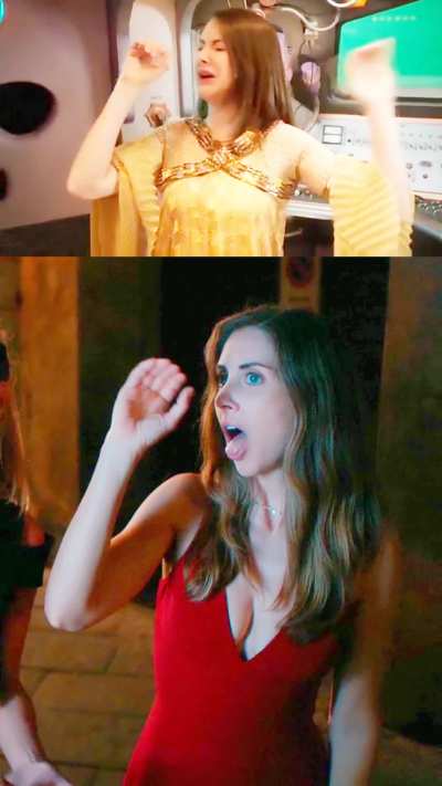 Alison Brie in Community (top, 2012) and Spin Me Round (2022)