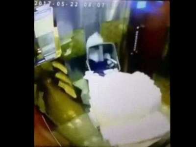 Elevator fails just after cleaning lady exits.