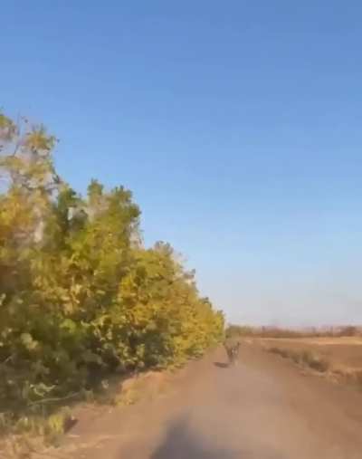 GoPro footage of a lucky Russian biker in Ukraine. Unknown date/location.