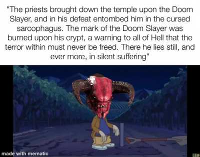 Doomguy after being entombed in the sarcophagus: