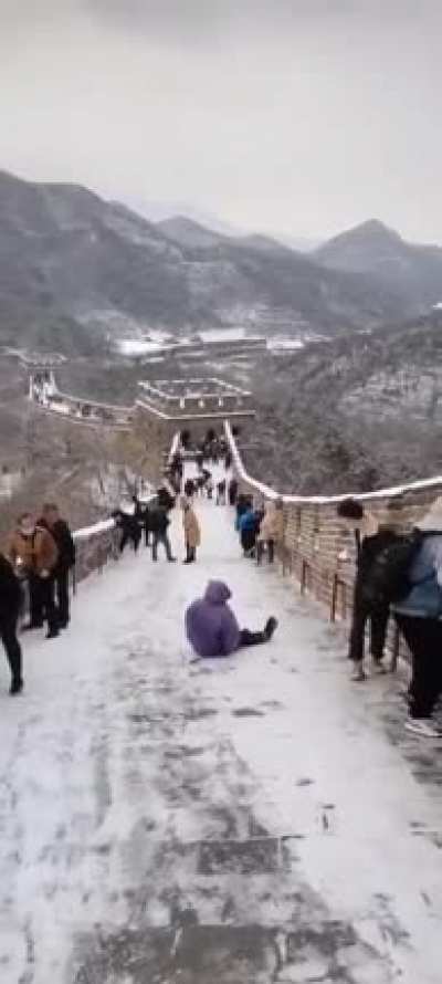 Slippery ice, tourists on the Great Wall