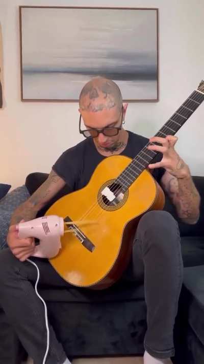 What do you get when a guy holds some spaghetti a mixer and a guitar?