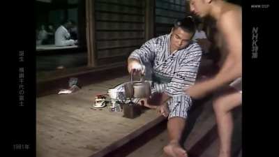 Chiyonofuji stamping tegata and brewing coffee