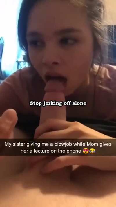 sis gives bro a blowjob while mom is on phone