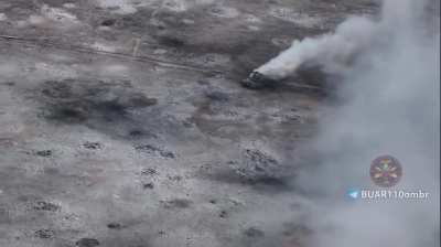 An abandoned Russian T-72B3 is destroyed by a drone drop munition from the Ukrainian 110th Mechanised Brigade. Avdiivka [Published 19/12/2023]