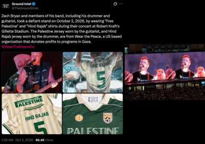 Last night at Gillette Stadium, Zach Bryan & his band, one of the biggest country music artists in the world, wore 'Free Palestine' & other pro-Palestine/anti-genocide clothing onstage.