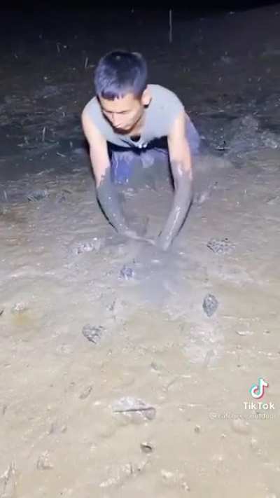 A guy catches an eel in the mud?