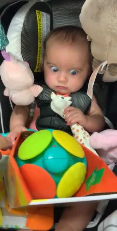 Baby's reaction to its new toy