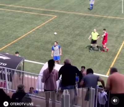 Coach sent off after entering the pitch and stopping the opposition’s counter attack in the 89th minute